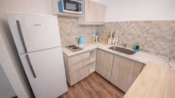 Standard Apartment | Private kitchen | Full-sized fridge, microwave, toaster, cookware/dishes/utensils