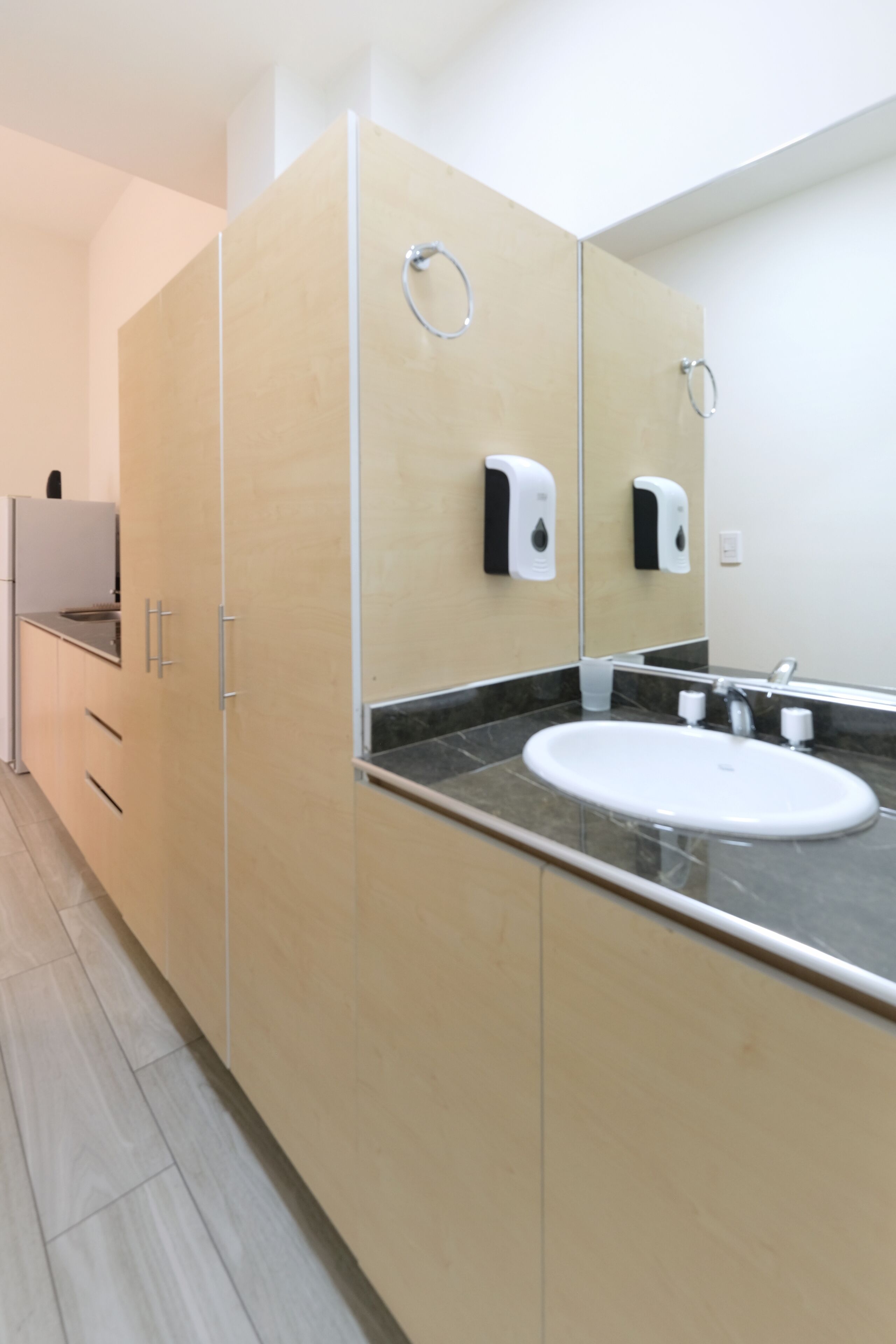 Un baño moderno con un espejo grande, un lavabo y un dispensador de jabón para manos.