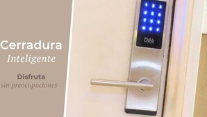 A door with an intelligent lock system featuring a keypad and a full lock indicator.