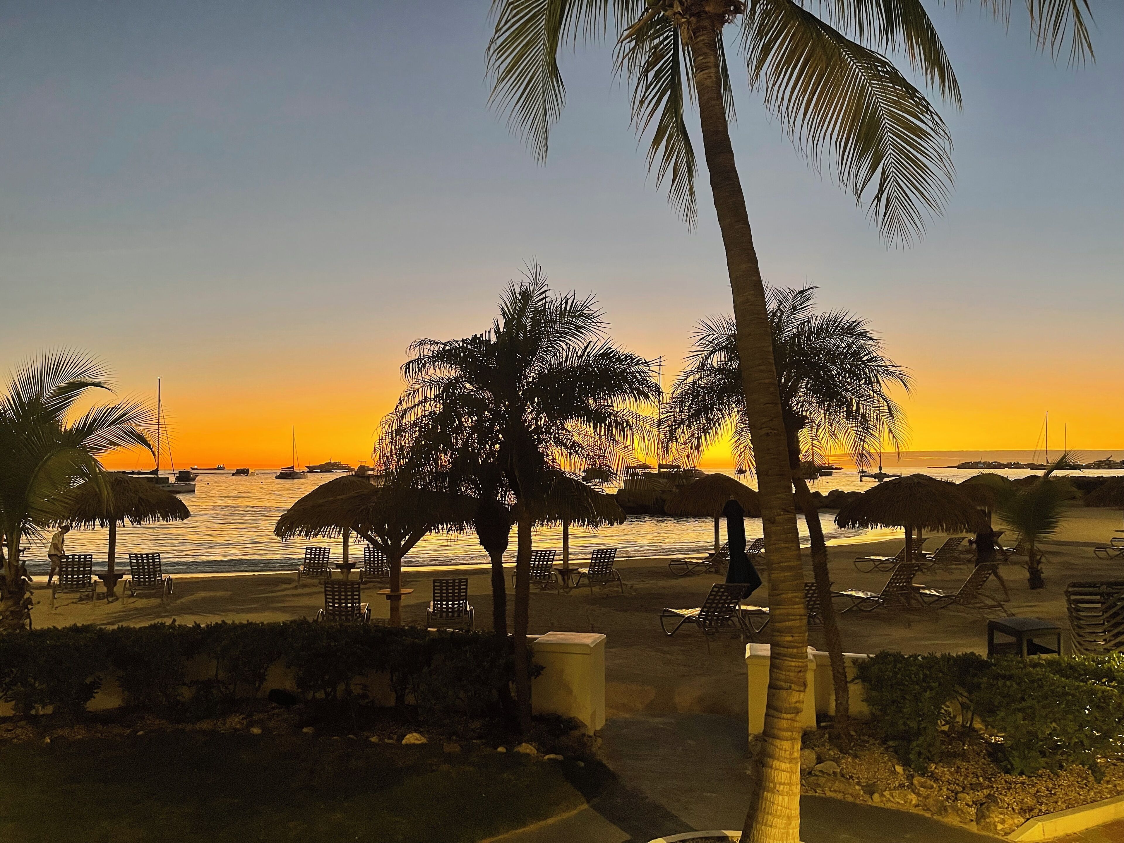 Vista de la playa con palmeras, sillas de descanso y un atardecer sobre el océano.