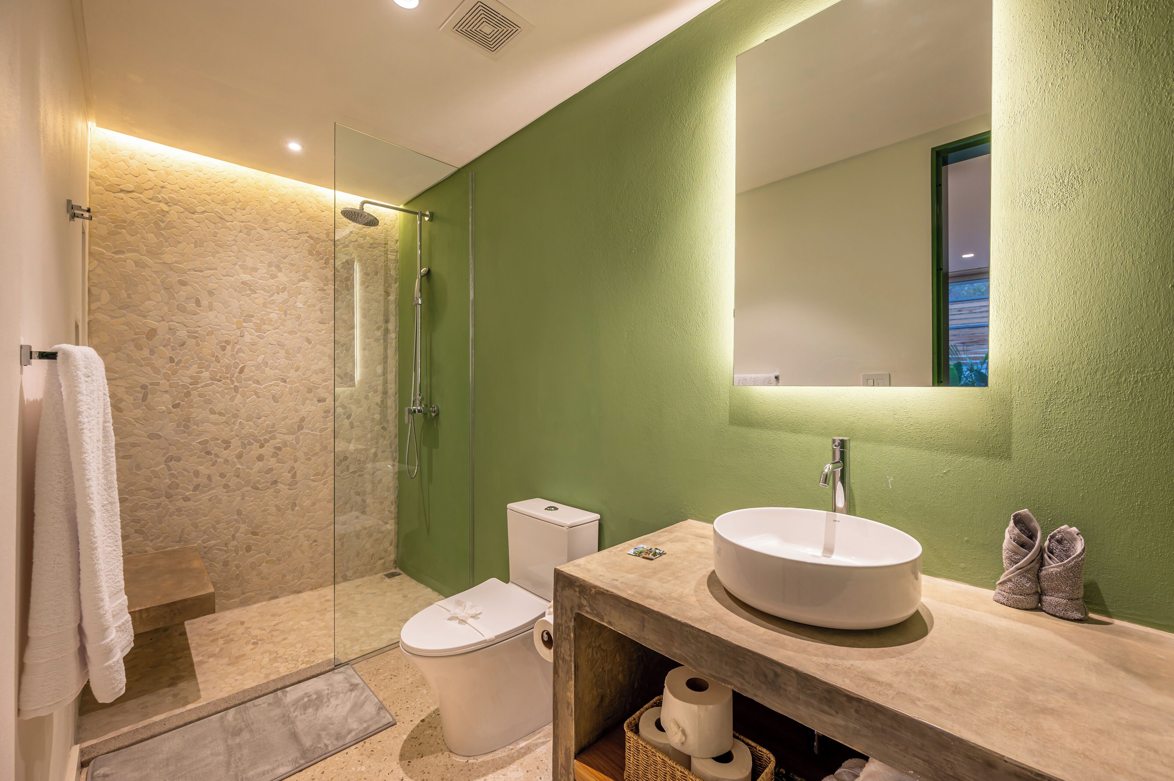 Une salle de bain avec une douche à parois de verre, des toilettes blanches, un lavabo avec un miroir et un mur vert.