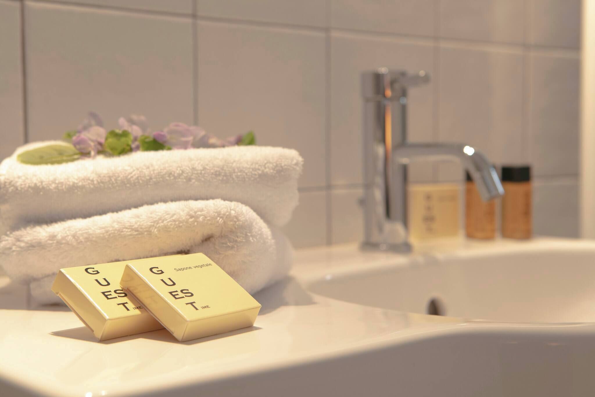 Asciugacapelli, asciugamani, sapone, shampoo