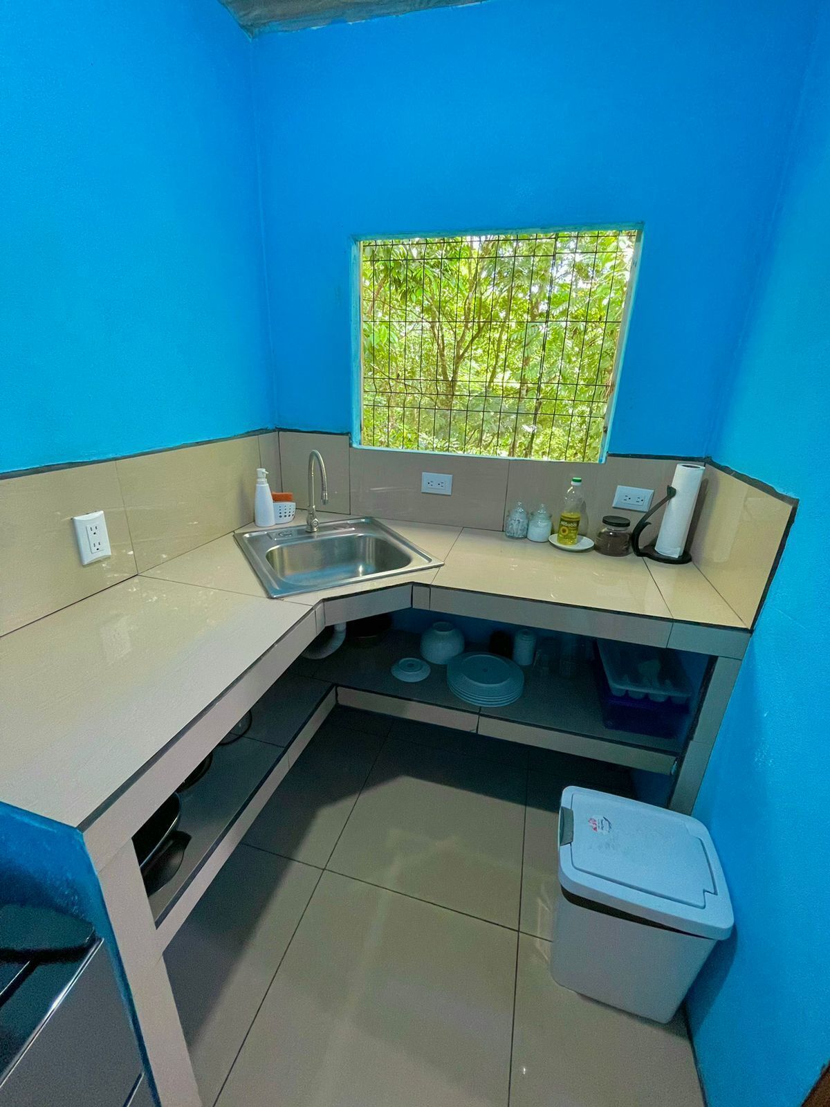 Cocina compacta con pileta, encimera y ventana con vista a follaje.