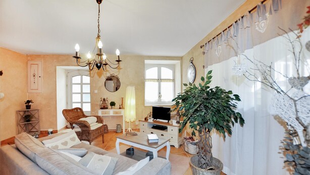 Ein gemütliches Wohnzimmer mit einer Couch, einem Couchtisch, einem Fernseher und einer großen Topfpflanze.