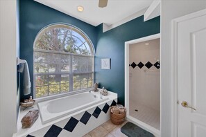 Shower, jetted tub, hair dryer, towels
