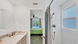 Shower, hair dryer, towels