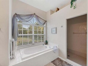 Shower, jetted bath, hair dryer, towels - Gulf Coast Getaway - spacious home with great private gardens, close to beach (Englewood)