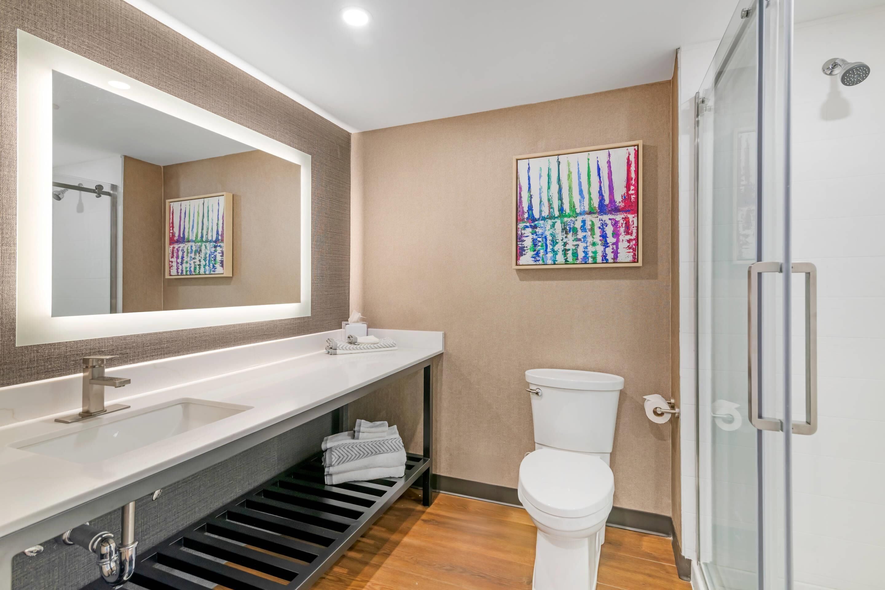 A modern bathroom with a large mirror, a white sink, a toilet, and a glass shower enclosure.
