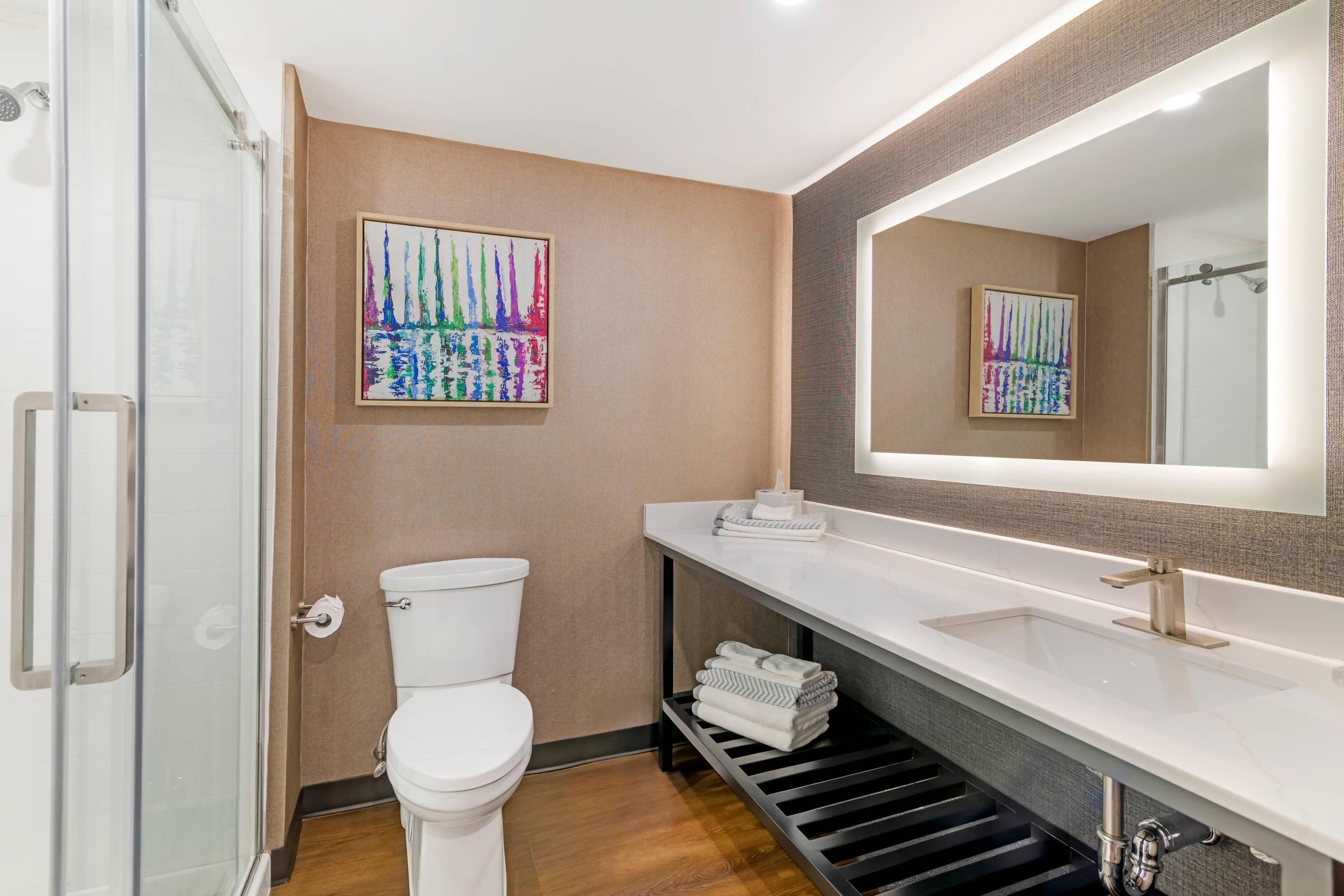 A modern bathroom with a toilet, a sink, a shower, and a towel rack.