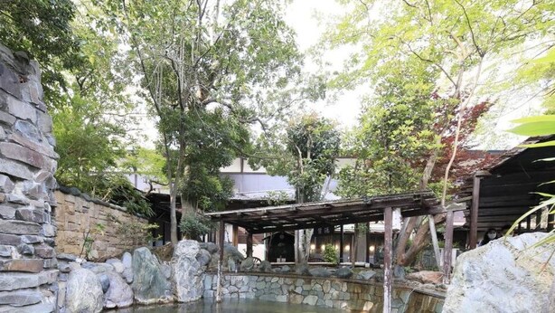 Un mur de pierre, une pergola en bois et un petit étang, le tout intégré dans un jardin.