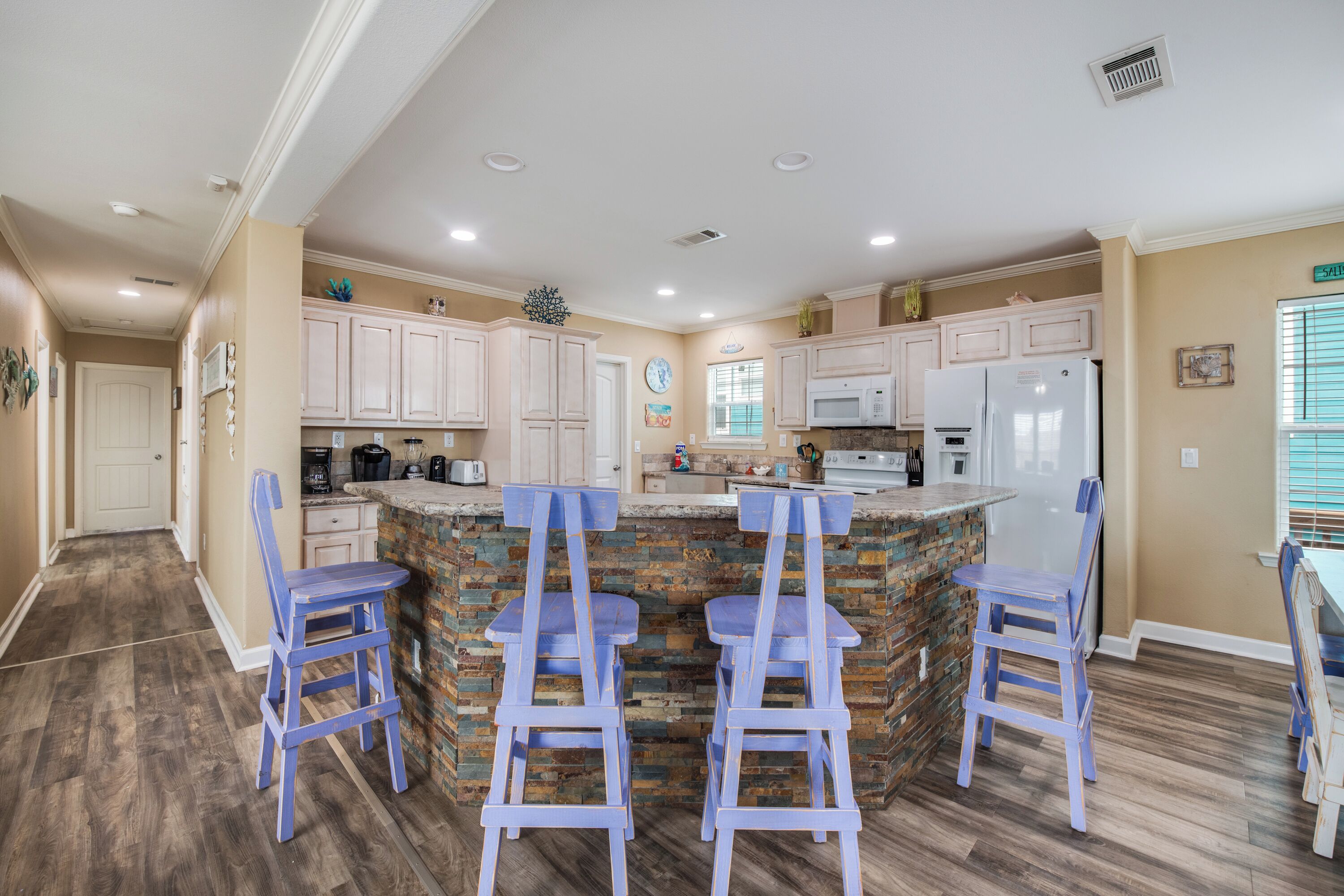 High chair, spices, paper towels