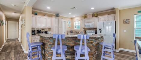 High chair, spices, paper towels