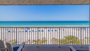 A balcony with a view of a beach. - Seagate 307—Oceanfront Condo w/ Gulf Balcony, Pool Access & Walkable Dining in Indian Shores (Indian Shores)