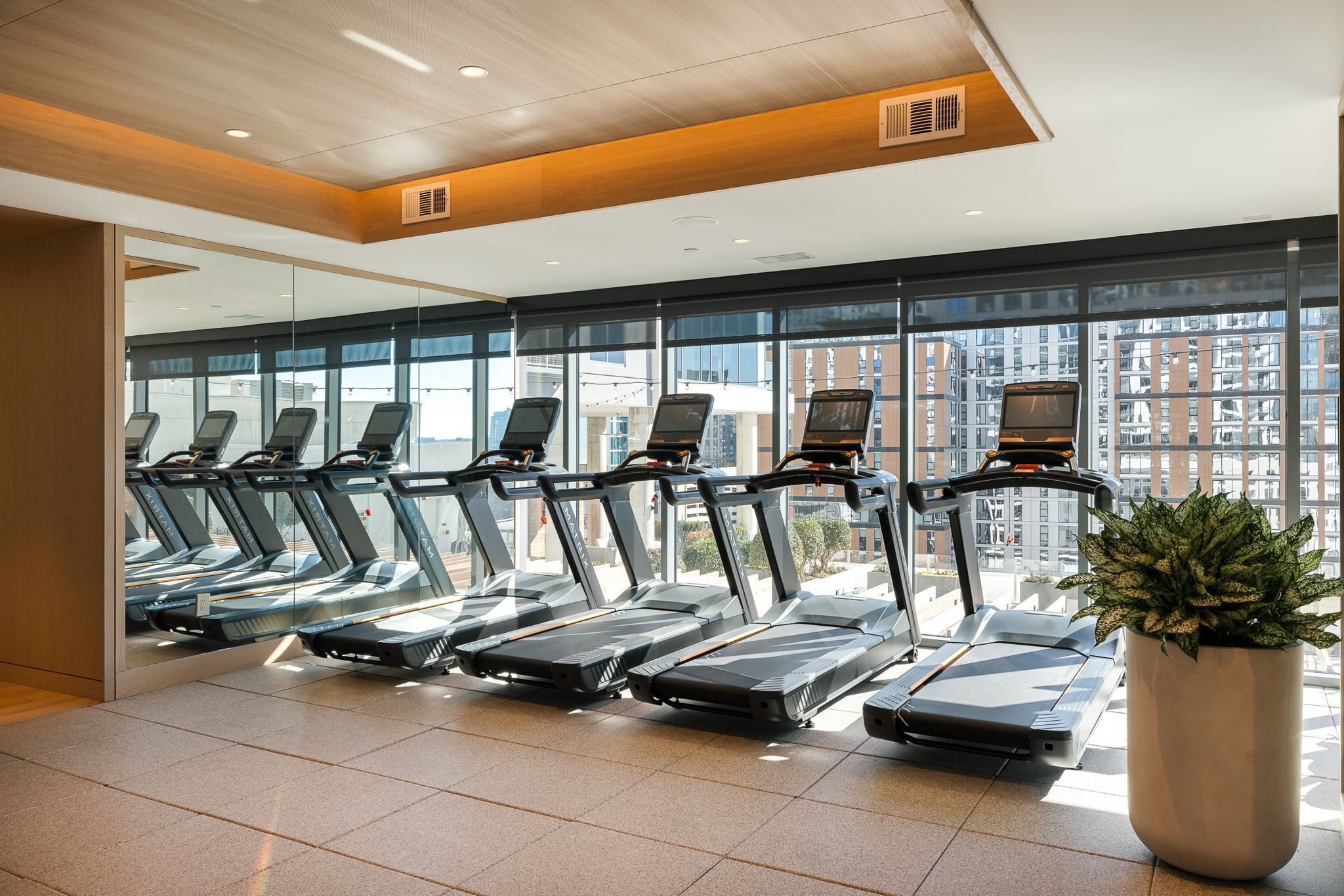Une salle de sport moderne, avec plusieurs tapis de course alignés en rangée, de grandes fenêtres offrant une vue sur le paysage urbain et une plante en pot au premier plan.