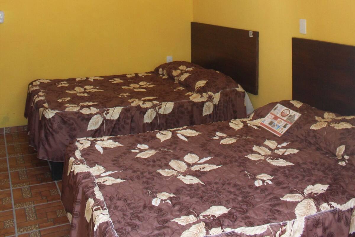 A room with two beds, a ceiling fan, and yellow walls.
