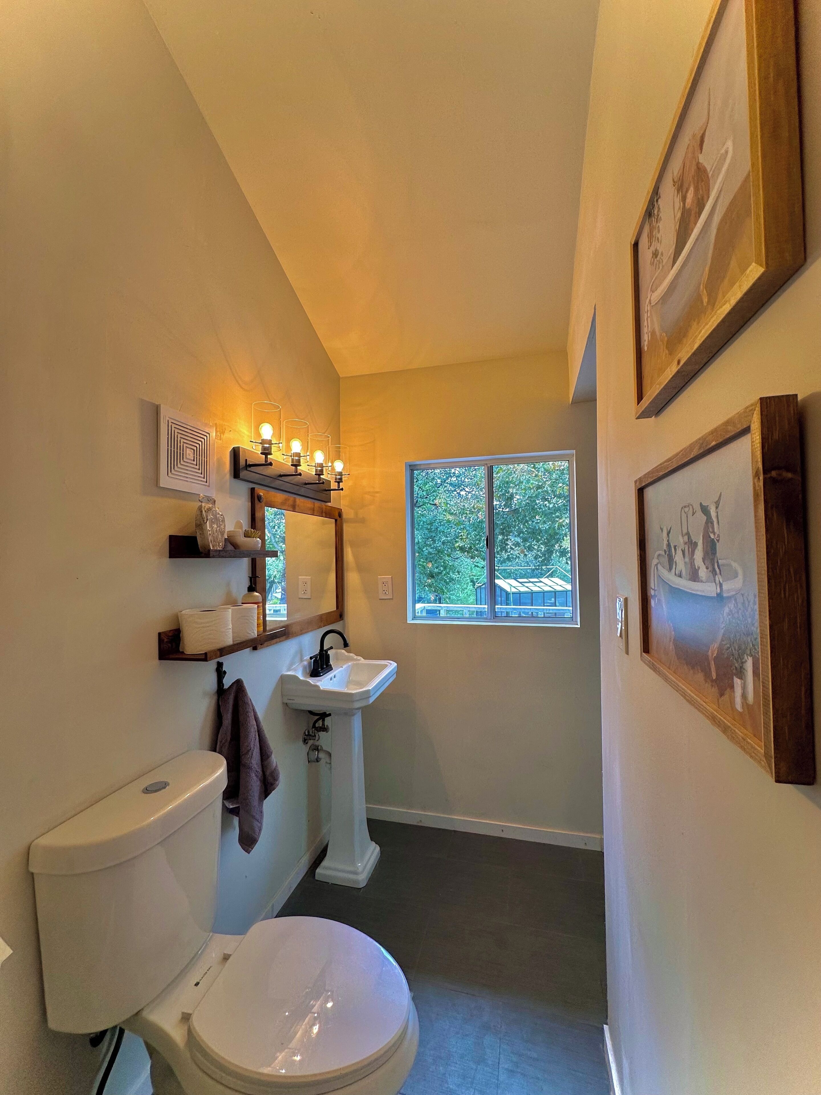 A bathroom with a toilet, sink, and window. There are shelves with toiletries and a framed picture on the wall.