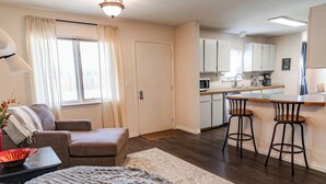 A compact living space with a sofa, a dining table with stools, a kitchen area, and a large window with curtains. - Family-size condo in the heart of Fairbanks! Short walk to Creamer's field.  (Fairbanks)