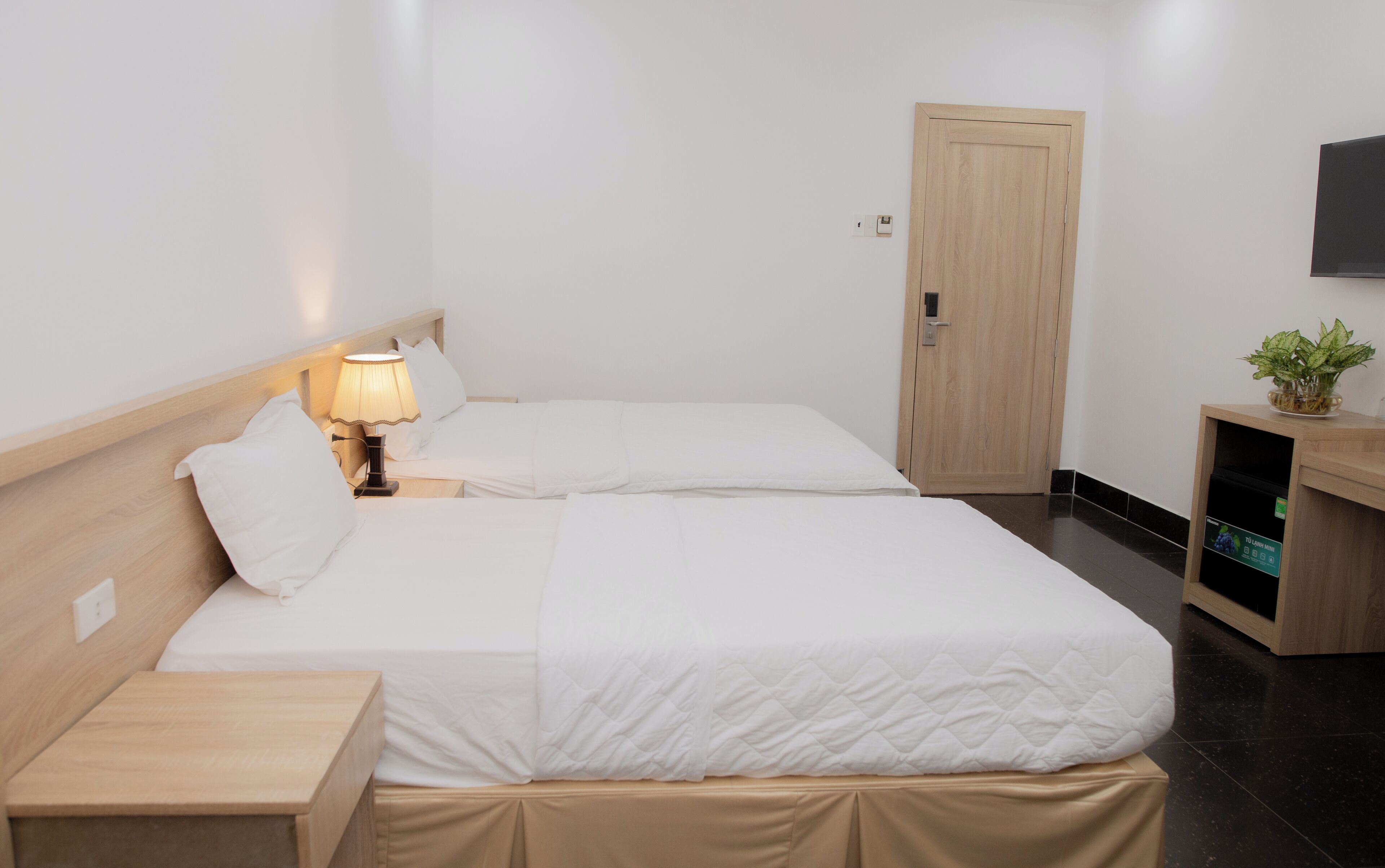 Ein Hotelzimmer mit zwei Betten, einem Nachttisch mit Lampe, einer Holztür, einer kleinen Kommode mit Pflanze und einem Fernseher auf einem Schrank.