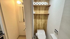 A modern bathroom with a toilet, wooden shelves, and a mirror. - JR/ (Shinjuku Ku Okubo)