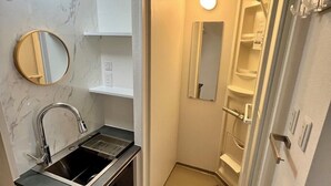 A compact bathroom with a sink, mirror, and shower. - JR/ (Shinjuku Ku Okubo)
