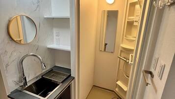 Shower, hair dryer, bidet, towels