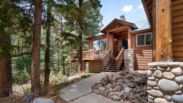 A log cabin with a stone staircase leading to a deck, surrounded by trees.