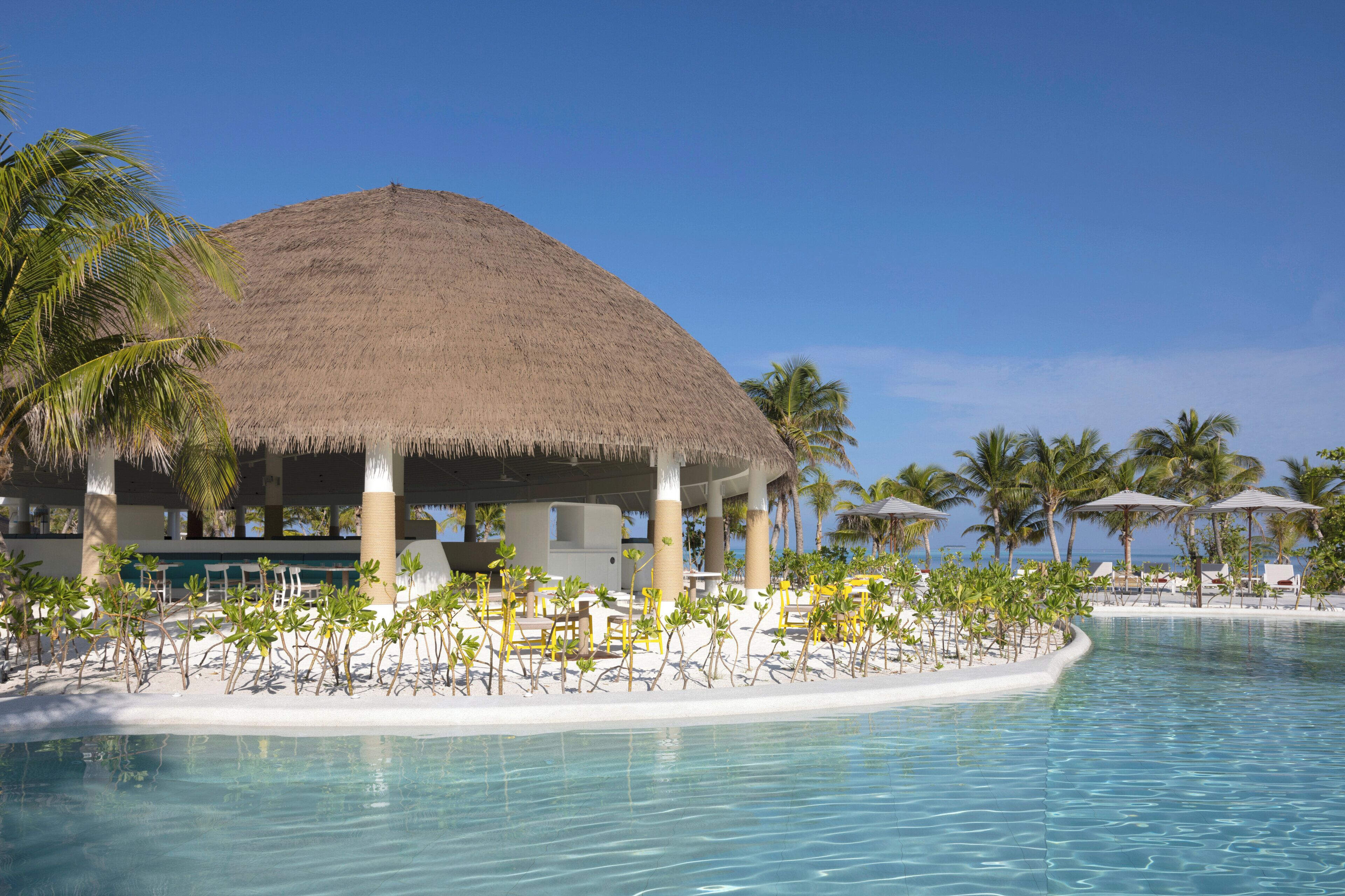 A resort with a pool, thatched-roof structures, palm trees, and beach chairs.