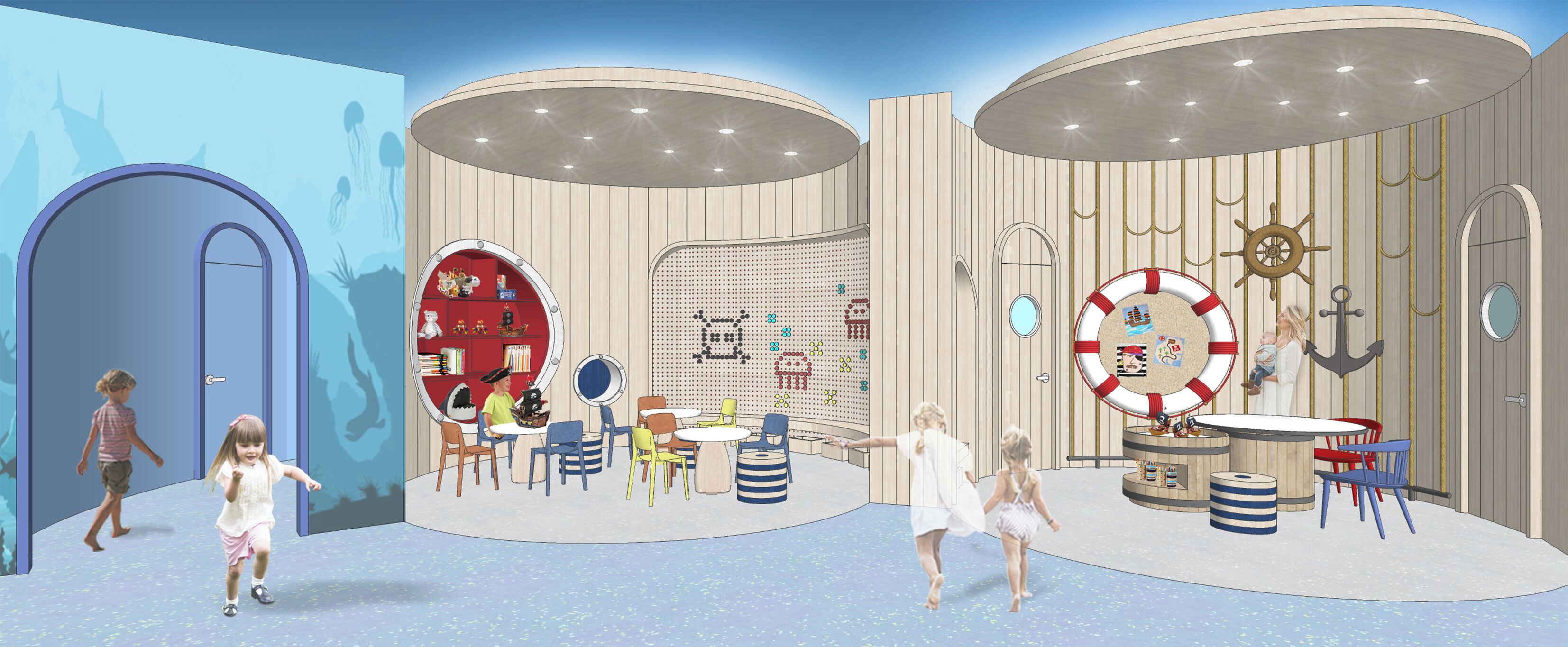 A nautical-themed room with round tables, a bookshelf, and maritime decorations.