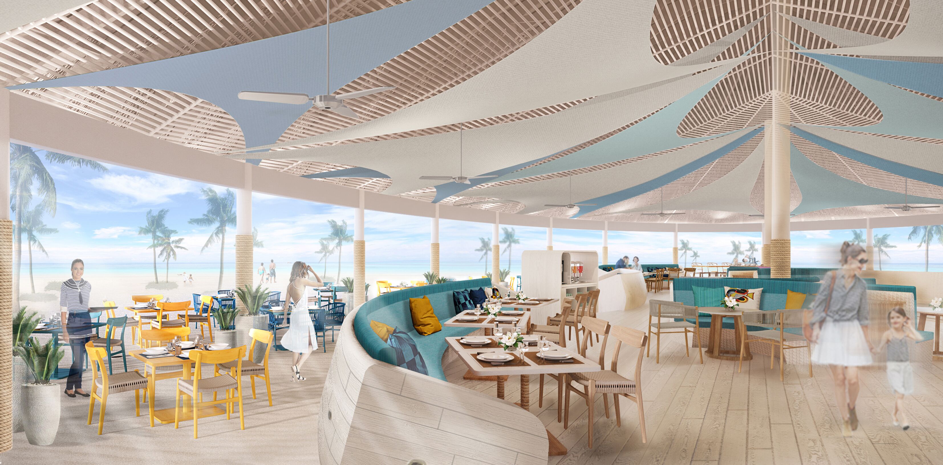 A beachside restaurant with outdoor seating, palm trees, and a view of the ocean.