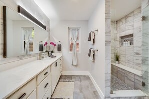 Hair dryer, towels, soap, shampoo