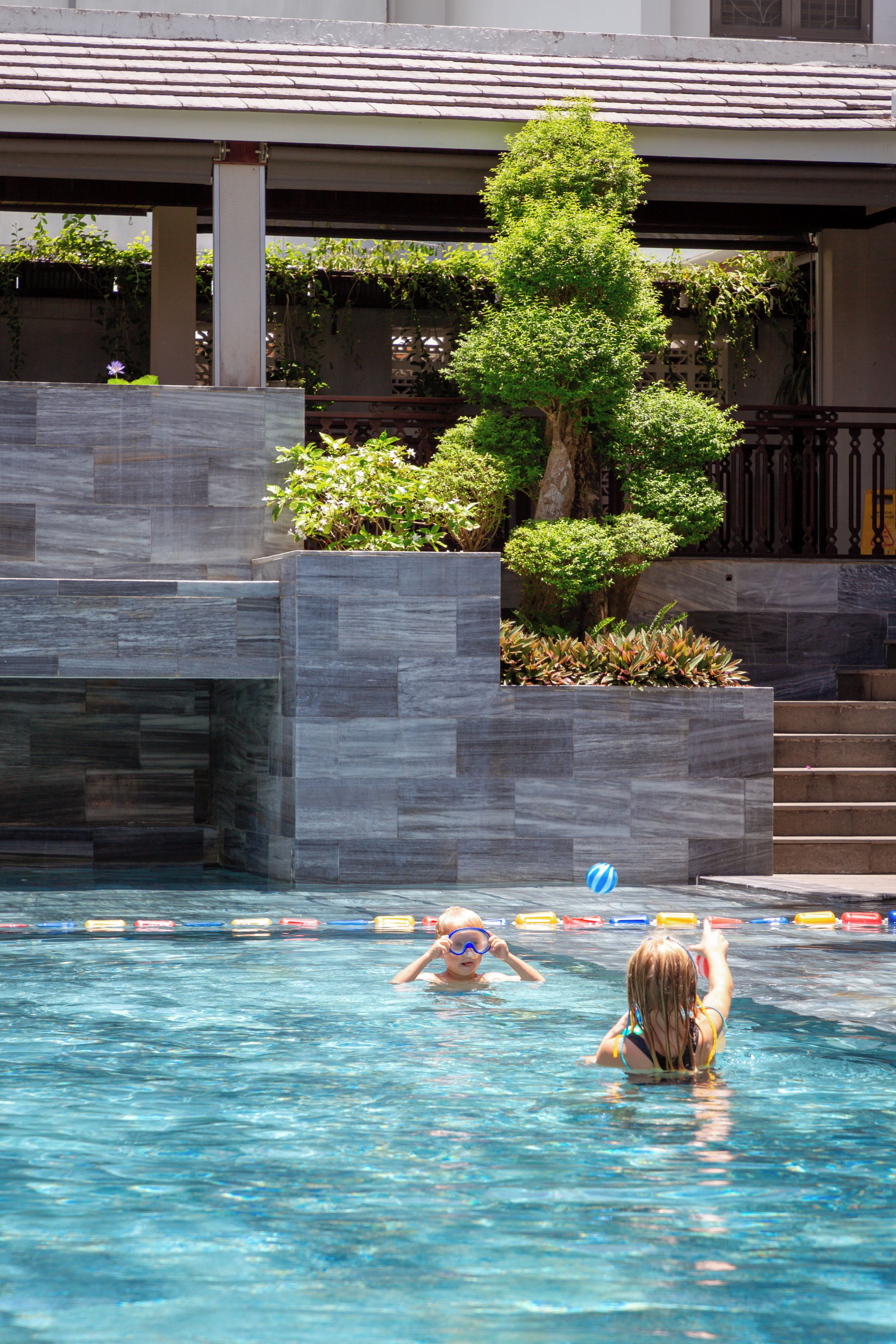 A swimming pool with a tree and a building in the background.
