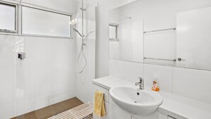 A modern bathroom with a glass shower enclosure, a white sink, and a large mirror.