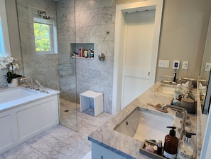 Hair dryer, towels, soap, shampoo