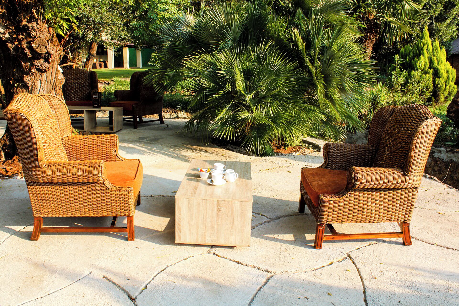 Two wicker chairs with cushions, a wooden coffee table, and a backdrop of tropical plants and a building.