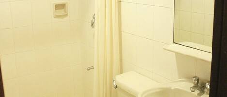 A bathroom with a toilet, sink, shower, and a mirror.