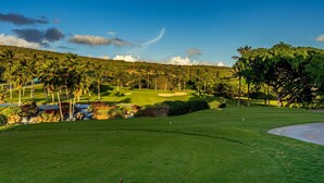 Un campo de golf con un green bien cuidado, búnkeres de arena y un elemento acuático.