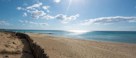 A sandy beach with a wooden fence, a clear blue sky, and the ocean in the background.