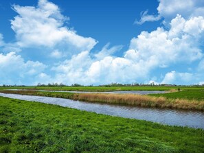 Un paysage rural avec une rivière, des champs verdoyants et un ciel bleu clair parsemé de nuages.
