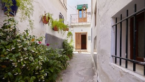 A narrow alleyway with potted plants, a dog, and a building with a wooden door and barred window. - Apartment 'Guadalentin' with Private Terrace, Wi-Fi and Air Conditioning (Quesada)