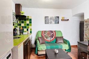 Un espacio habitable pequeño con kitchenette, un sofá con una manta colorida y una mesa de centro.