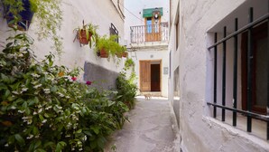 A narrow alleyway with potted plants, a dog, and a building with a wooden door and barred window. - Apartment 'Cazorla Rural Guadiana' with Balcony, Wi-Fi and Air Conditioning (QUESADA)