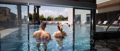 Indoor pool, outdoor pool, sun loungers