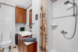 Shower, hair dryer, towels