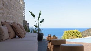 Un espace extérieur accueillant, avec un mur en pierre, un canapé agrémenté de coussins, une plante en pot et une vue sur la mer.