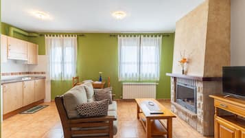 Televisión, chimenea y reproductor de DVD