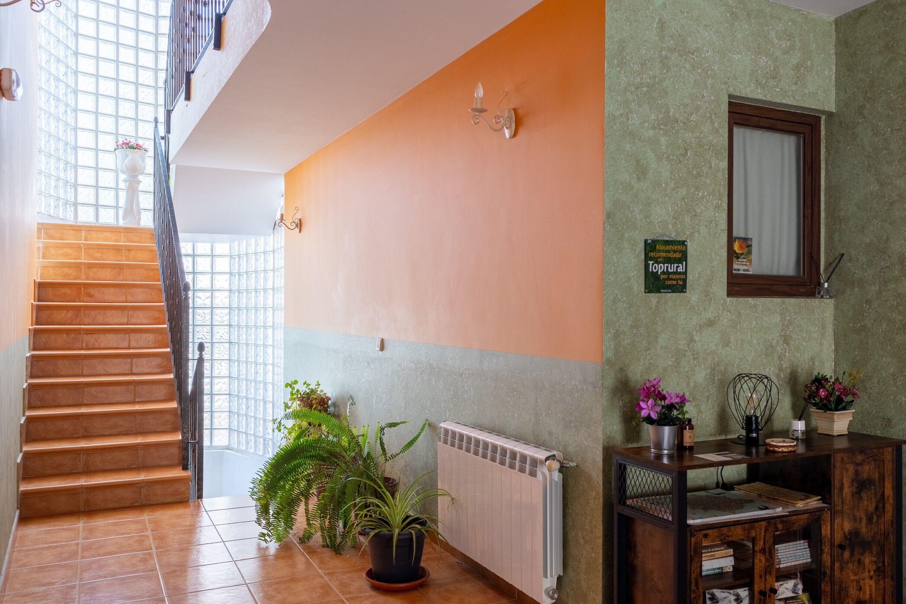 Una escalera conduce a un rellano con un radiador, plantas en macetas y un escritorio de madera con un espejo.