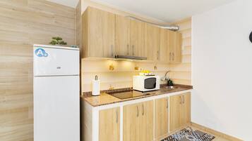 Fridge, microwave, stovetop, coffee/tea maker