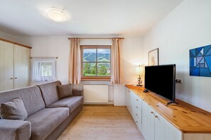 A room with a sofa, a TV on a wooden stand, a window with curtains, and a radiator. - Apartment '2' with Mountain View, Shared Garden and Wi-Fi (Oberolang)