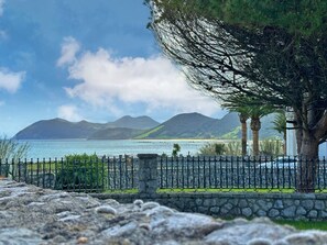 A coastal view with a stone fence, a tree, and distant mountains.
