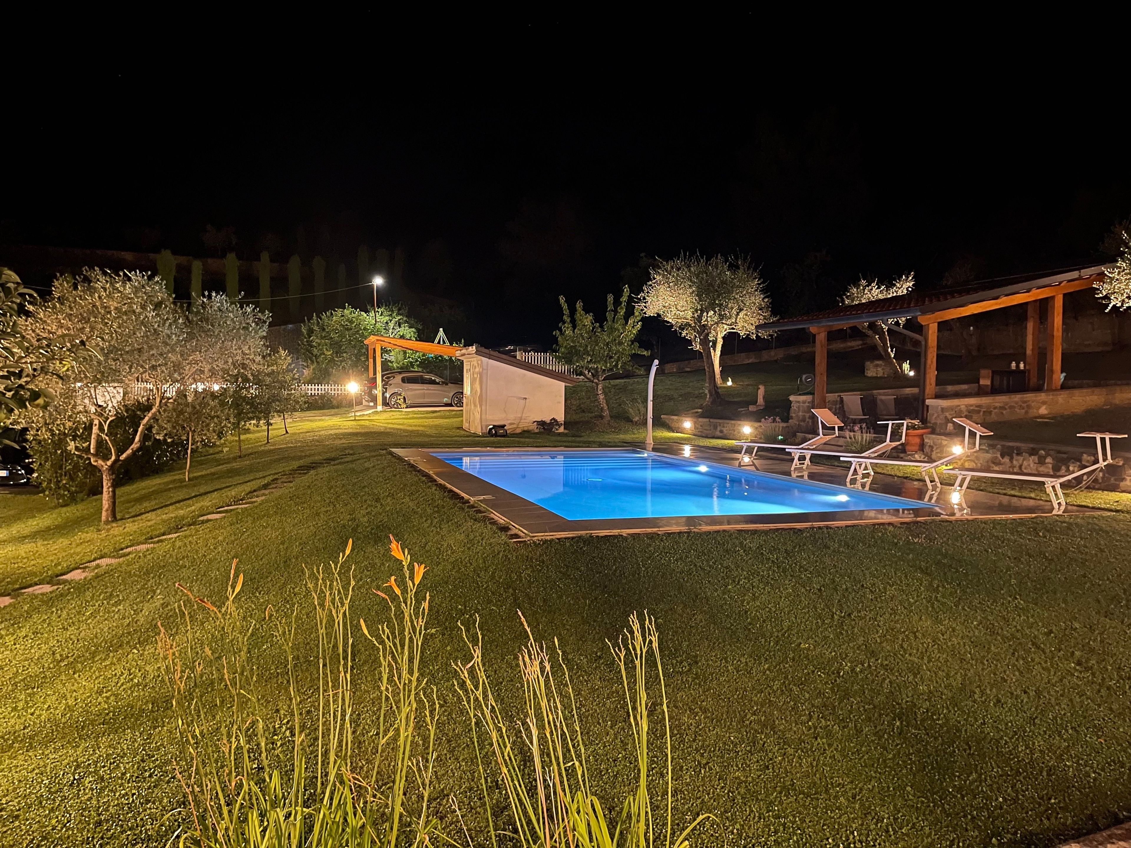 A swimming pool with a wooden deck and lounge chairs, surrounded by well-maintained grass and trees.
